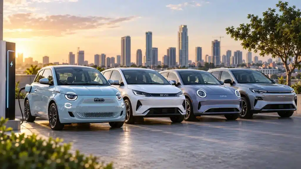 רכבים חשמליים קטנים וזולים - פיאט 500e, BYD, אורה וג'ילי בעמדת טעינה