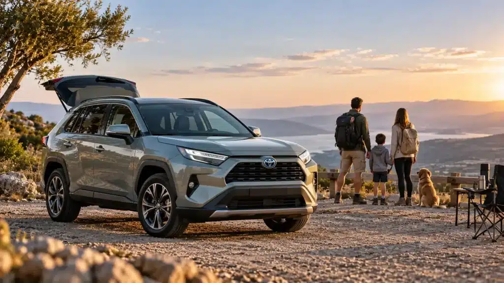 רכב SUV משפחתי טויוטה RAV4 היברידית בנקודת תצפית עם משפחה